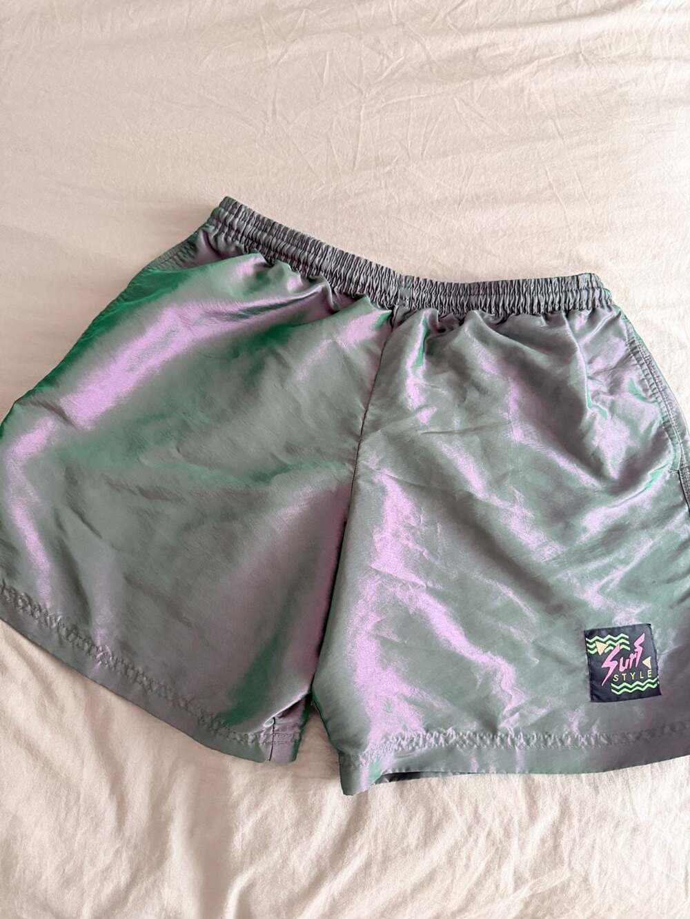 Surf Style Iridescent Holographic Satin Shorts, Size Large